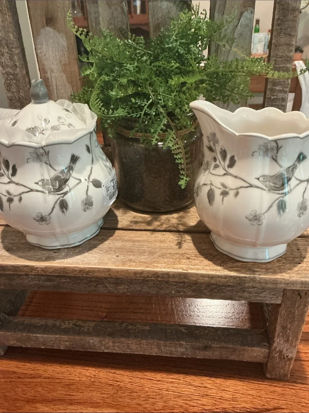 Gray Bird and Branch Cream and Sugar Set